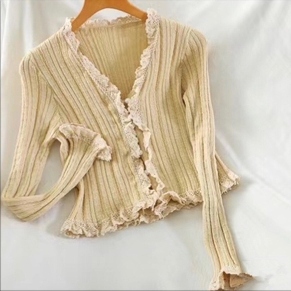 Sweaters - Lace cardigan thin sweater cropped style button cream long sleeve knit